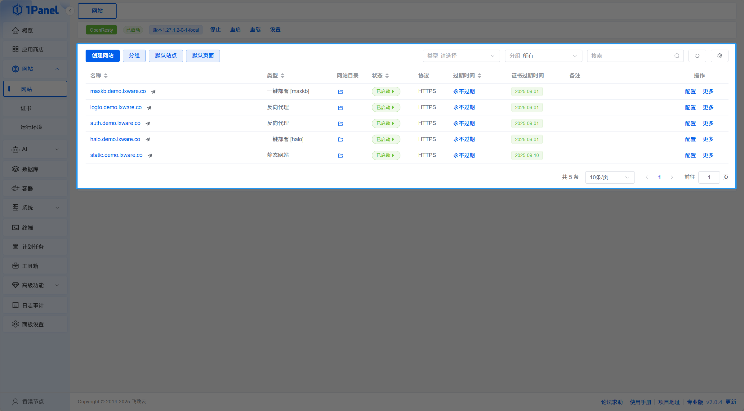 1Panel 多站点管理界面